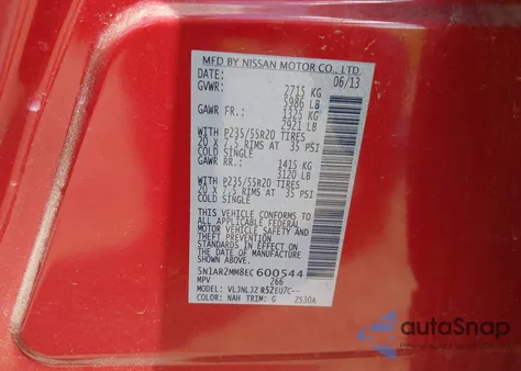 2014 Nissan Pathfinder Platinum z USA, uszkodzony, nr VIN 5N1AR2MM8EC600544